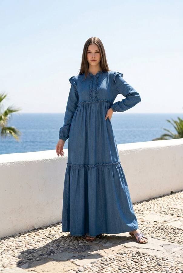 6595-Denim Fırfırlı Tensel Elbise Koyu Mavi