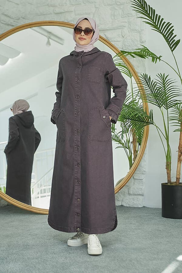 6329-Denim Kapşonlu  kap Bordo