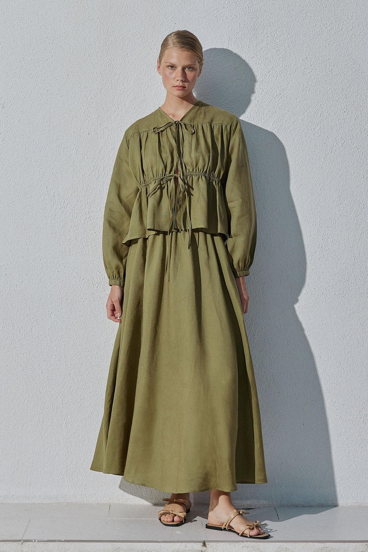 Peony Bağlama Detaylı Linen Bluz - Haki
