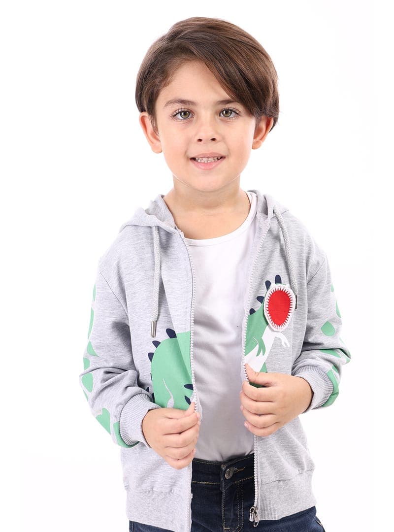Erkek Çocuk Baskılı Hırka Gri Melanj