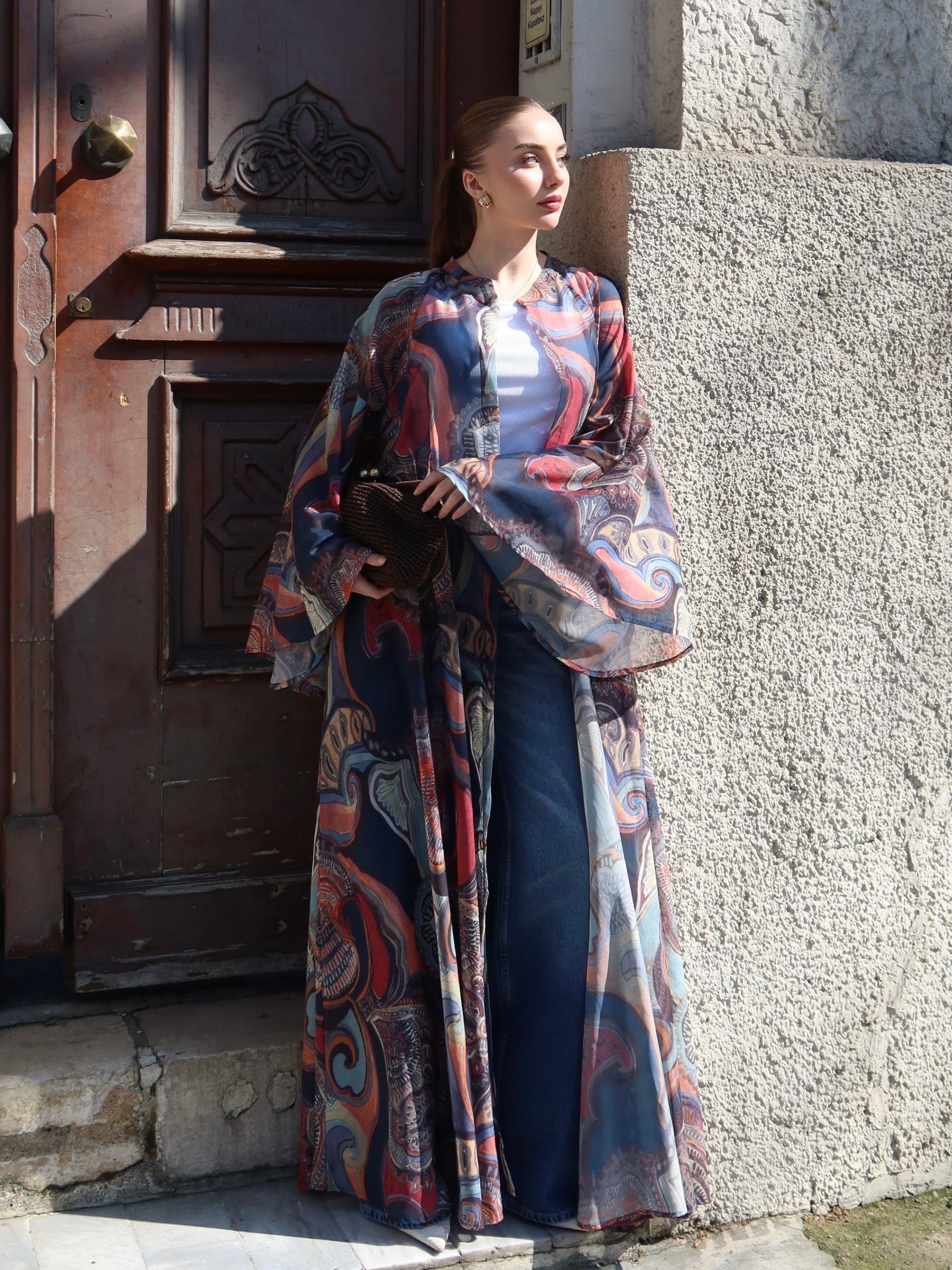 Bohem Paisley Uzun Kimono Şal Desen Mavi