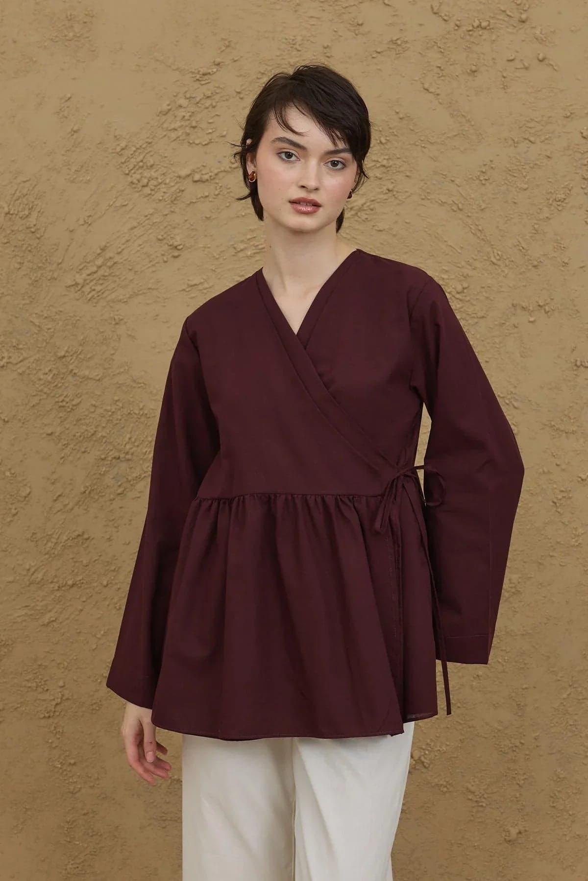 Çift Kat Kruvaze Kimono Bordo