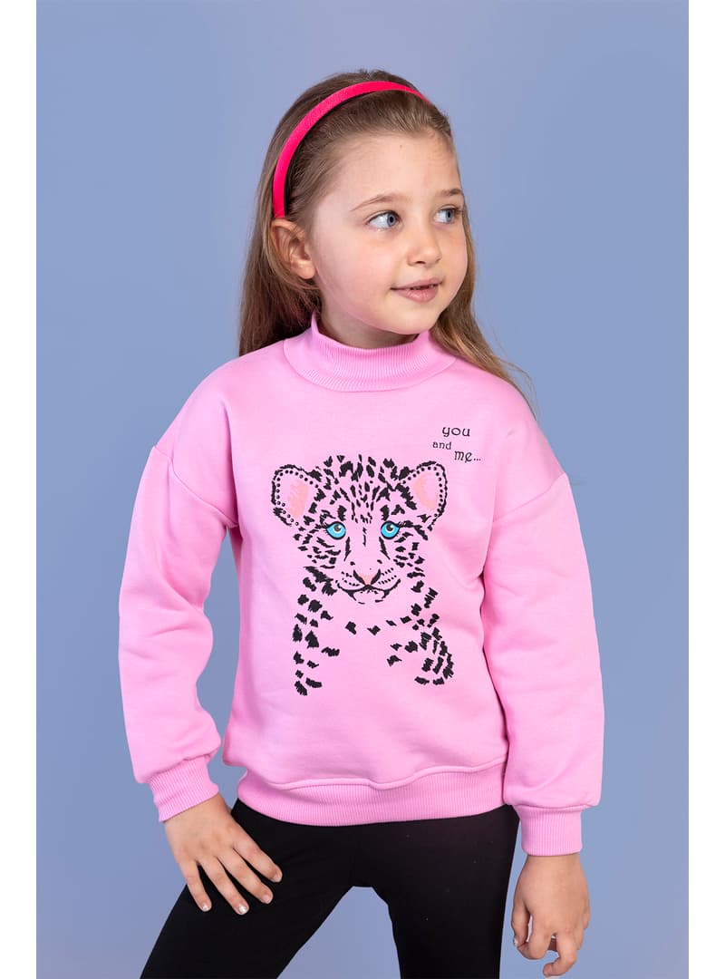 Kız Çocuk Baskılı Balıkçı Yaka Sweatshirt Pembe