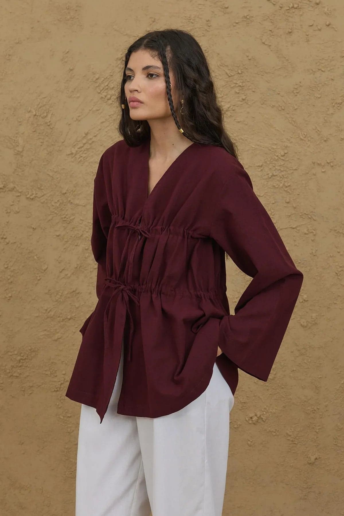 Büzgü Detaylı Kimono Bordo