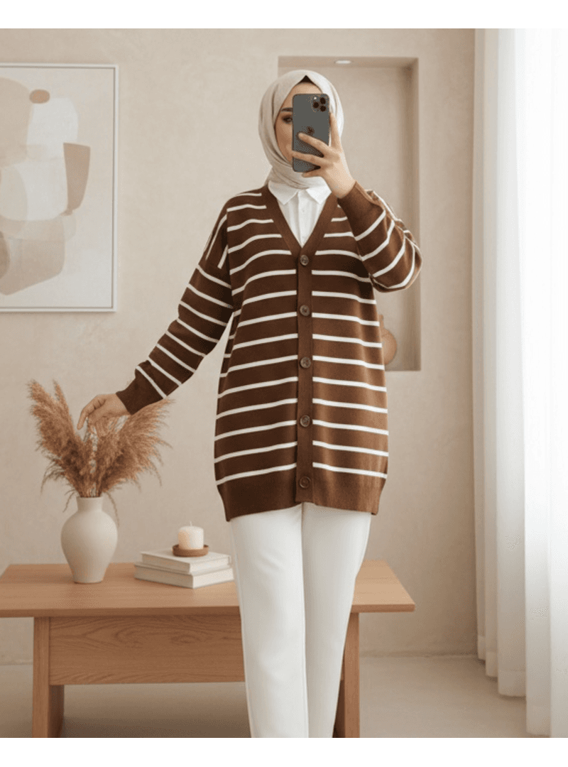 Çizgili V Yaka Oversize Triko Hırka