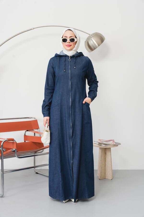 6463-Denim Kapşonlu Ferace Koyu Mavi