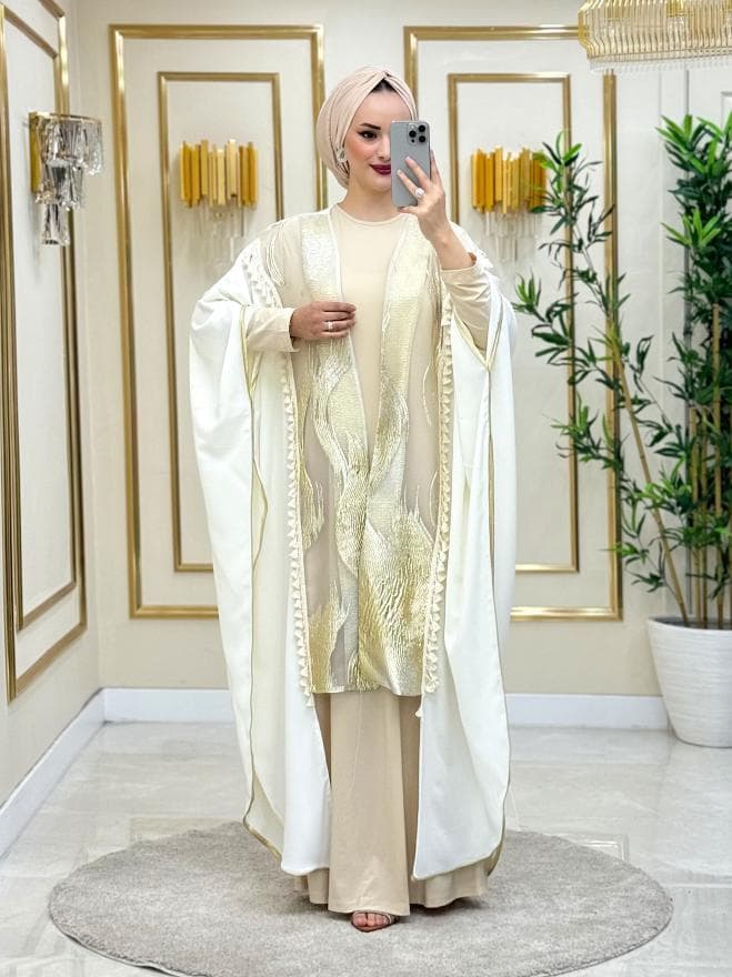 Naz İthal Abaya Takım Ekru