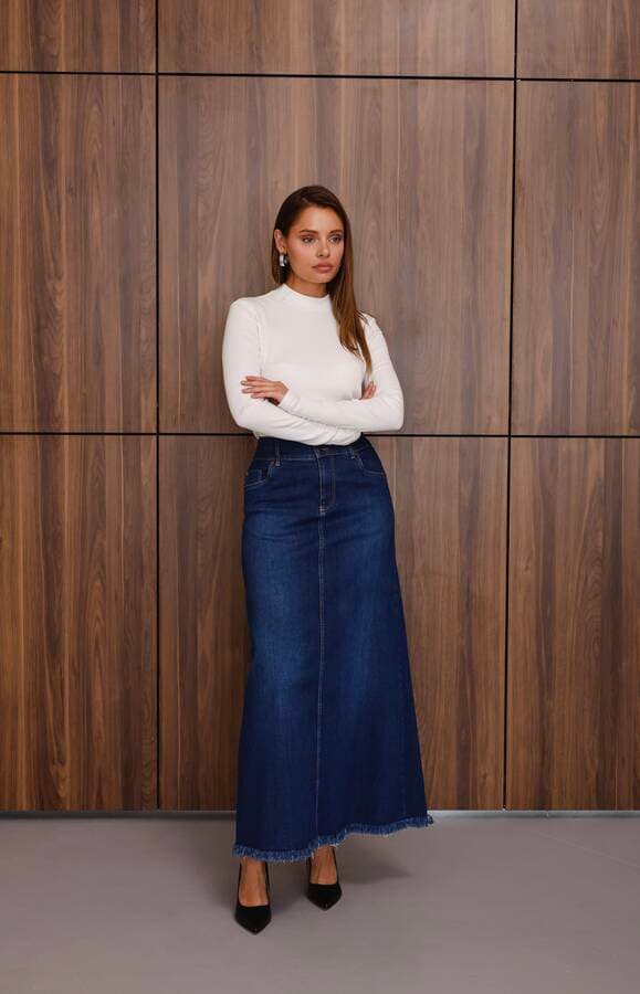 2252-Denim Ara Boy Püsküllü  Etek Koyu Mavi