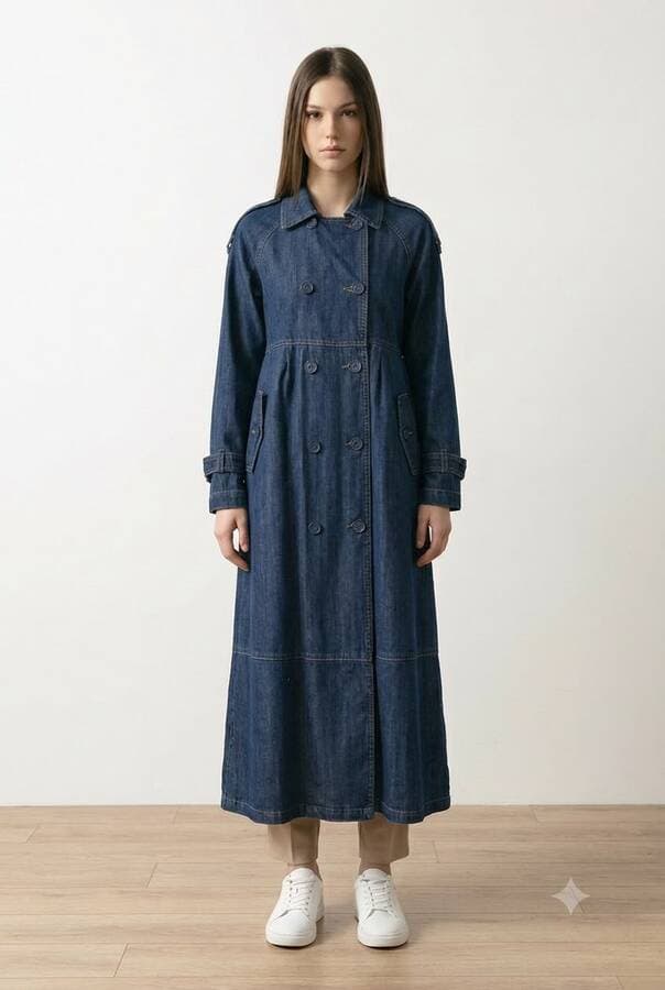 6632-Reglan Kollu Süs Pileli Denim Ceket Koyu Mavi