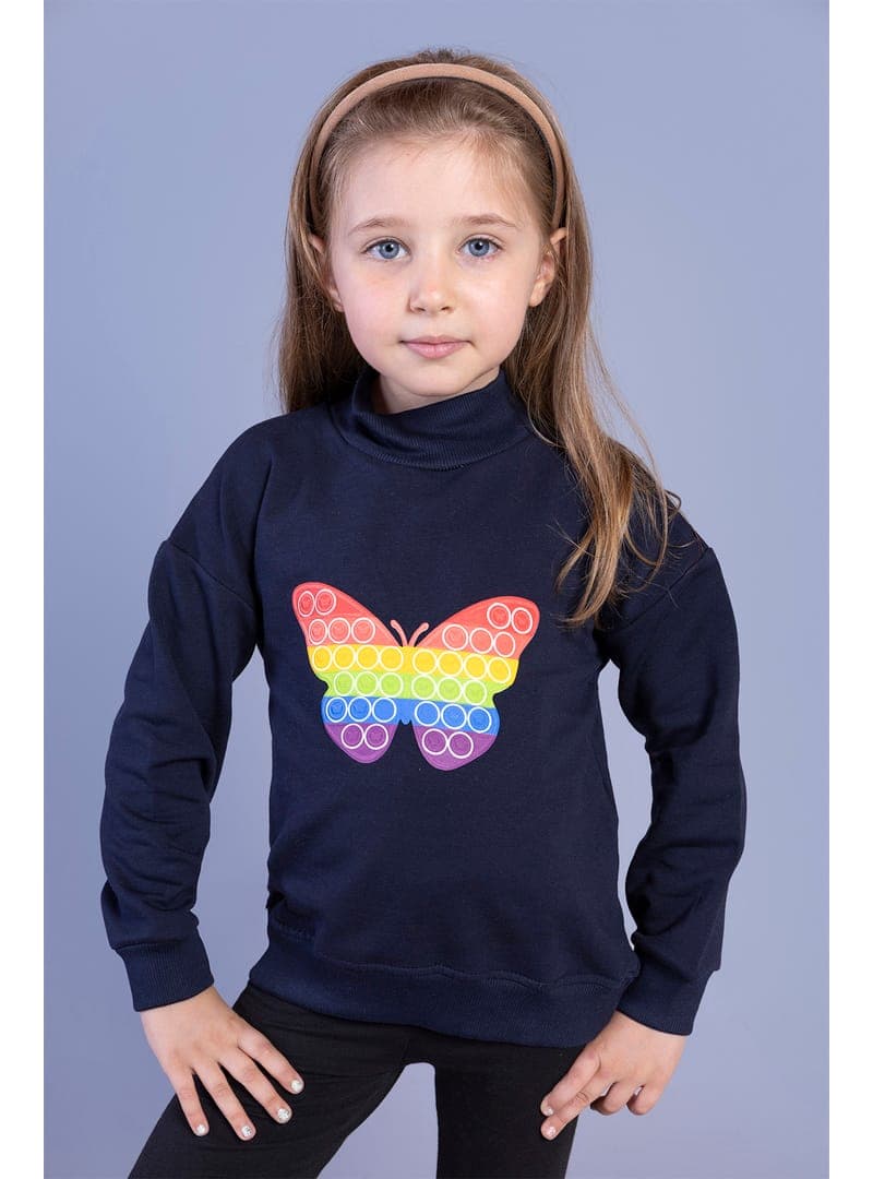 Kız Çocuk Balıkçı Yaka Popit Desenli Sweatshirt Lacivert