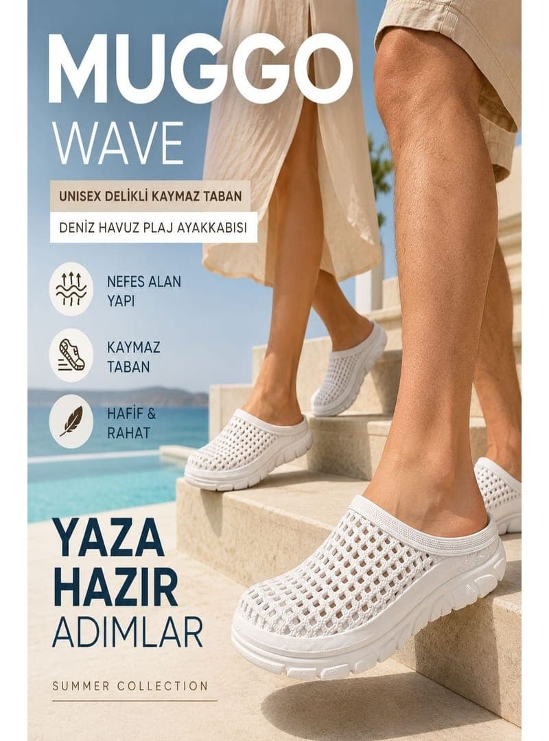 Muggo WAVE Unısex Delikli Kaymaz Taban Deniz Havuz Plaj Ayakkabısı Beyaz