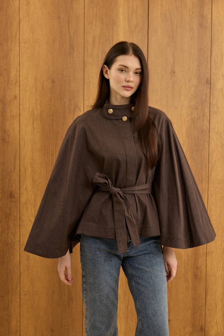 Gold Düğmeli Denim Panço Acı Kahve