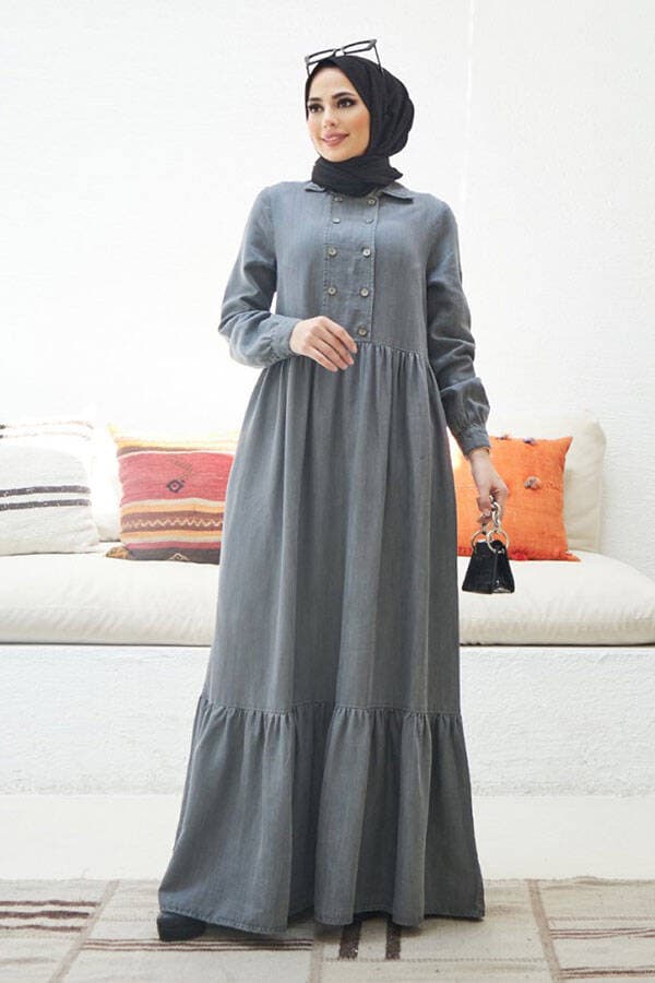 6593- Denim Tensel Elbise Gri