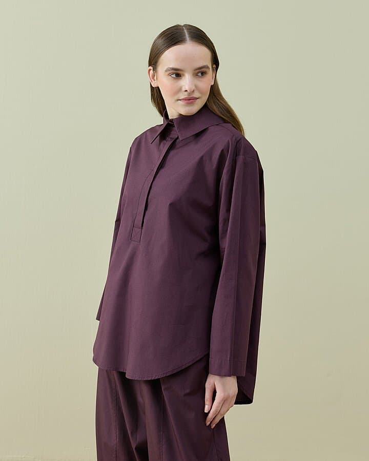 Poplin Polo Yaka Gömlek Mürdüm
