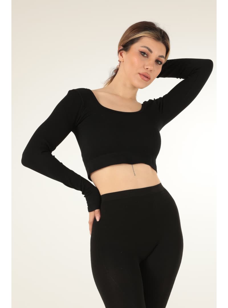 Fitilli Kare Yaka Crop Uzun Kollu Siyah