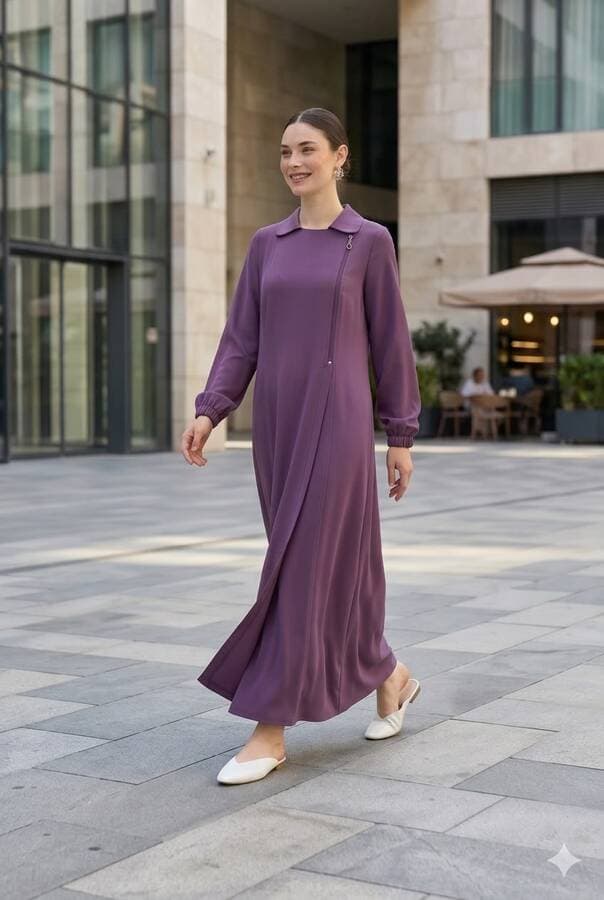 6541-Krep Yan Fermuarlı Ferace Koyu Lila