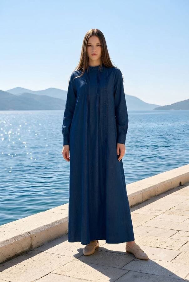 6508-Denim Yandan Düğmeli  Ferace Lacivert