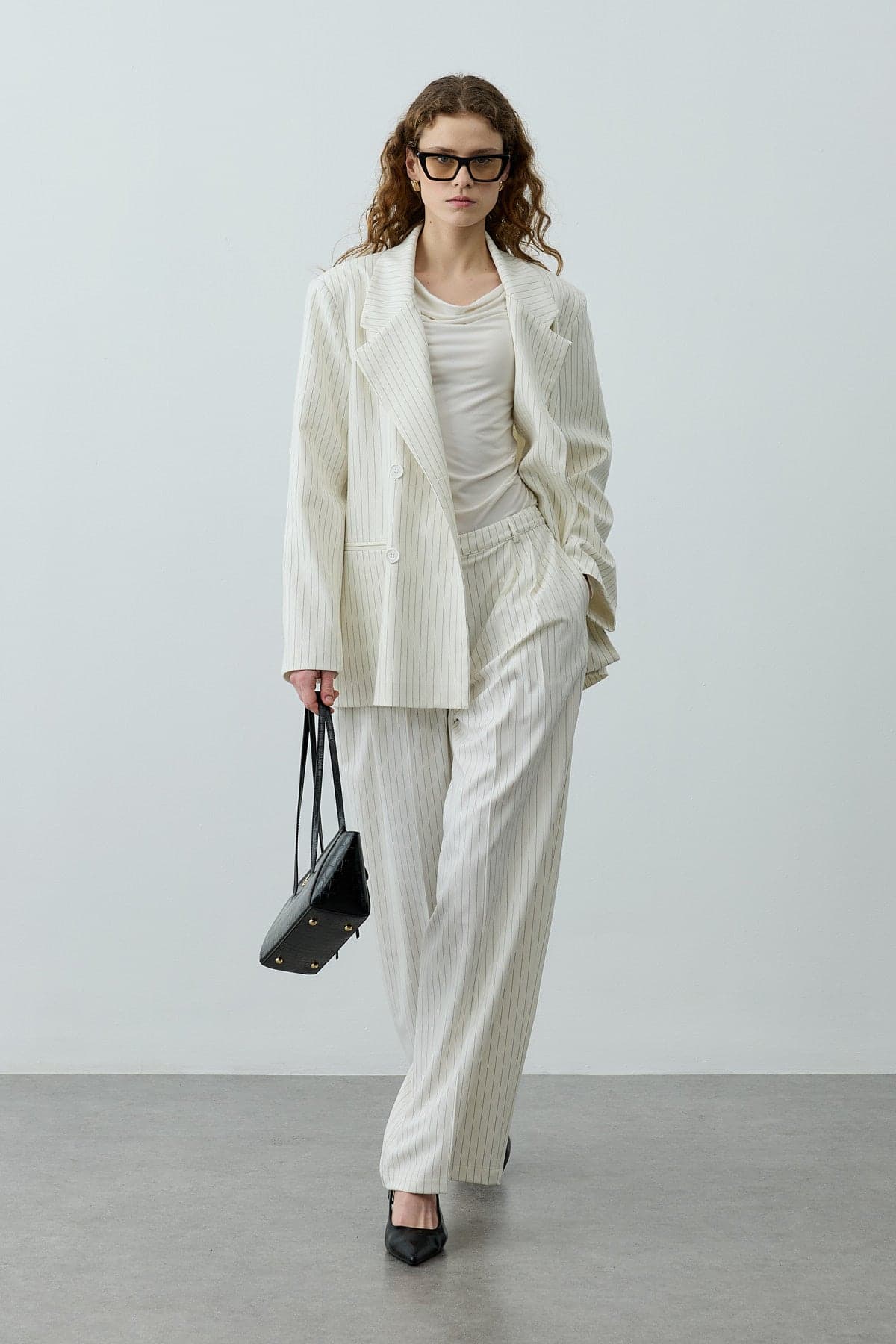 Kruvaze Çizgili Oversize Blazer Ceket Ekru