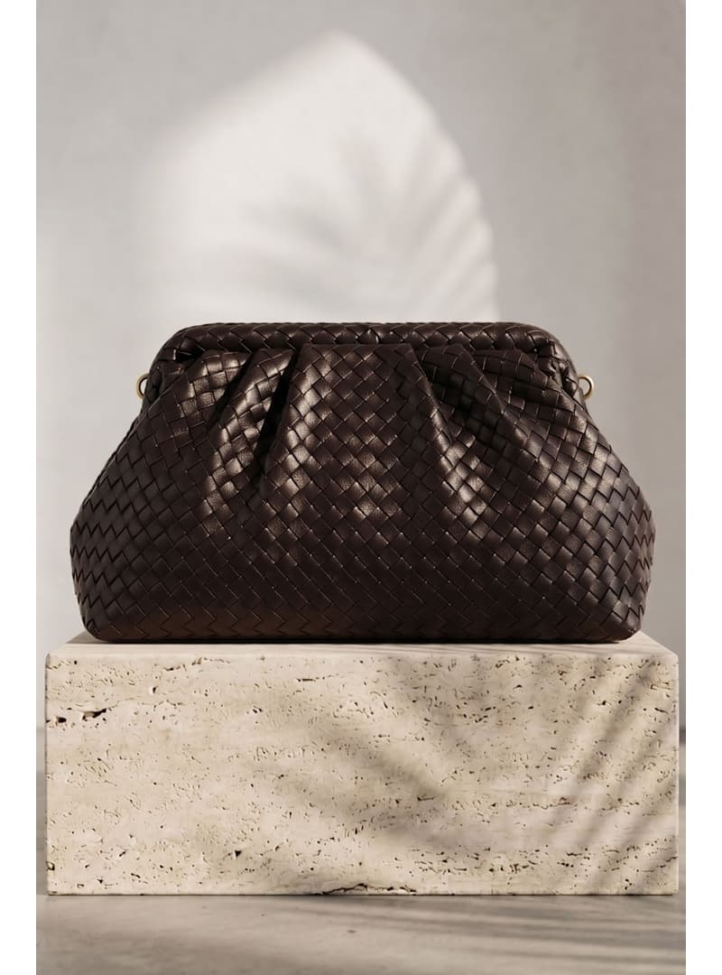 Örgü Desen Dokulu Acı Kahve Clutch Çanta