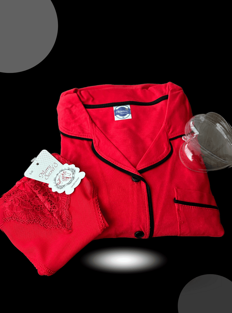Akbeniz Kalp Kutulu 2li Pijama ve Slip Seti Kırmızı