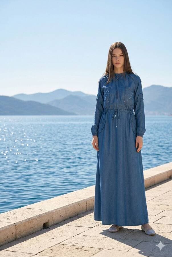 6501-Taşlı Denim Reglan Kollu Elbise Koyu Mavi
