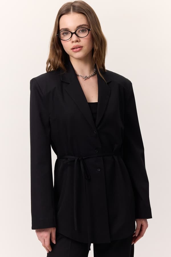 KEMERLİ DÜĞMELİ BLAZER CEKET SİYAH