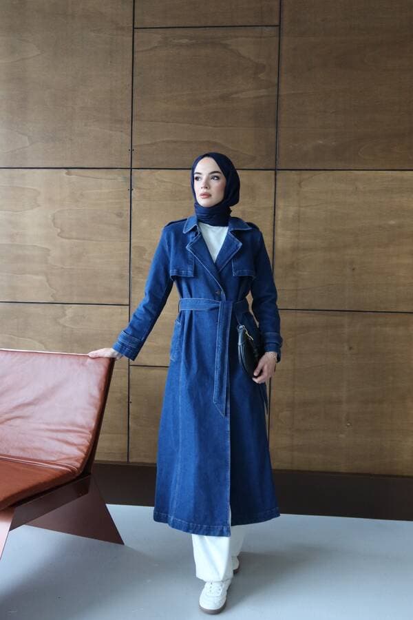 6458-Denim Allerli Trençkot Koyu Mavi