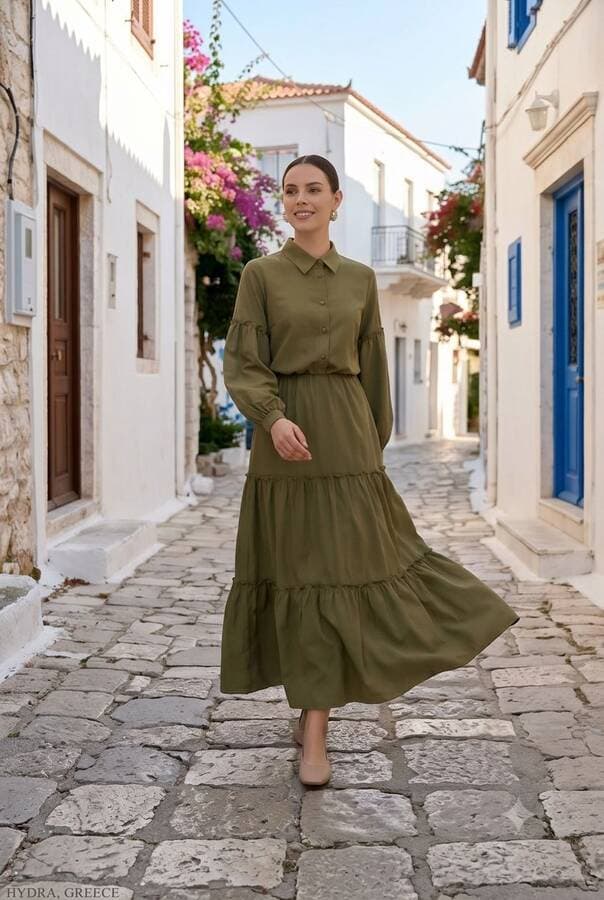 6567-Carla Büzgülü Elbise Haki