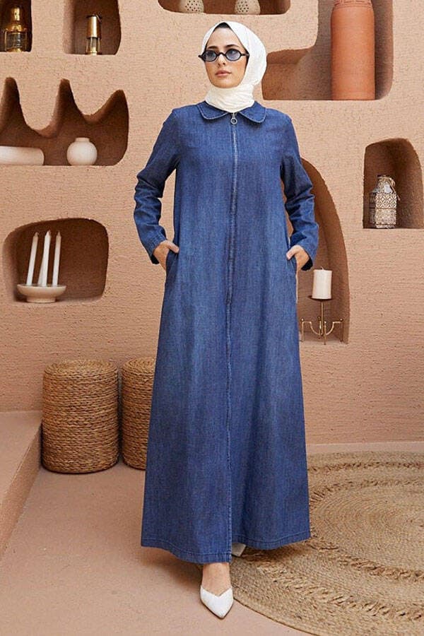 6568-Denim Fermuarlı Ferace Lacivert