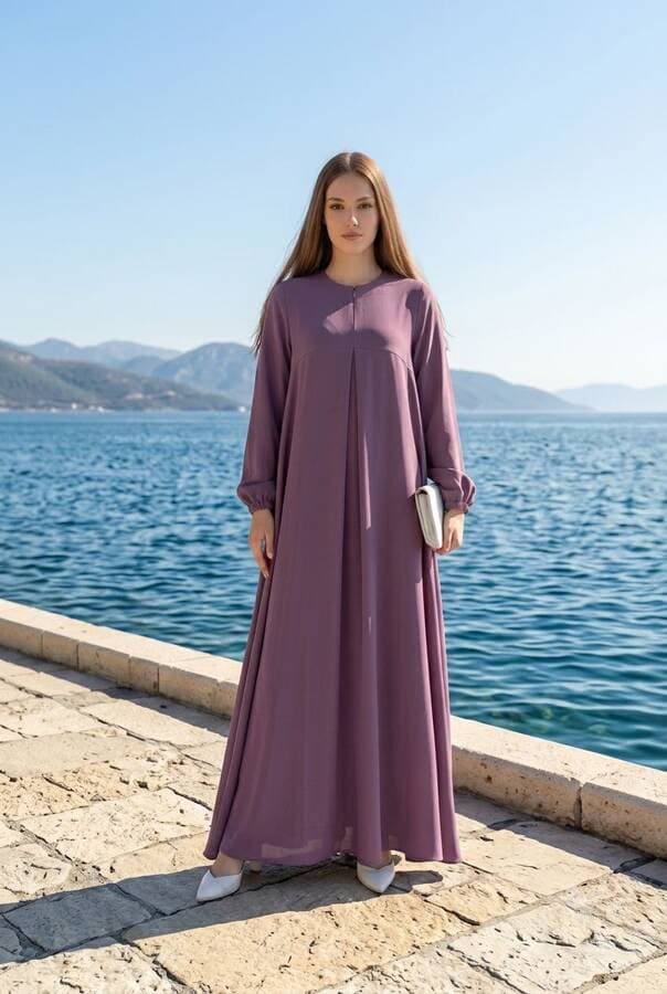 6482-ÖN TEK PİLELİ  KREP ELBİSE Lila