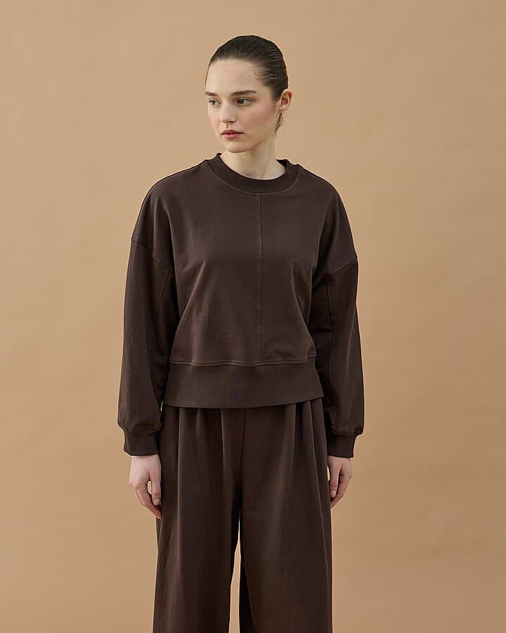 Cotton İki İplik Nervürlü Kesikli Dikişli Kısa Sweat Kahve