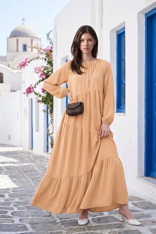 6614-Büzgülü  Berlin Elbise Camel
