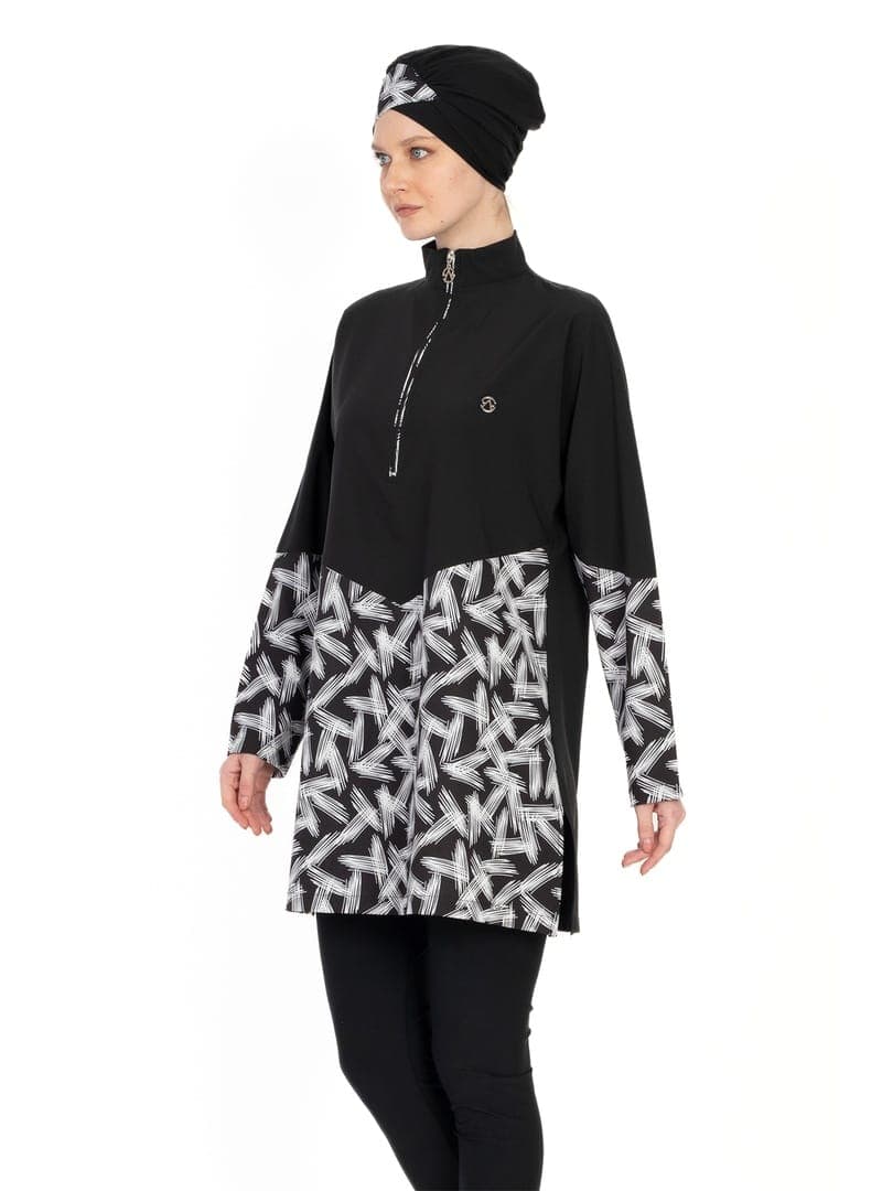 Fırça Desen 4 Parçalı Tesettür Mayo Siyah