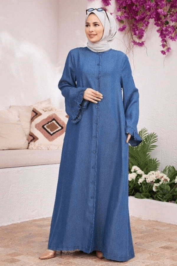 6587-Denim Düğmeli Kolları Fırfırlı Ferace Koyu Mavi