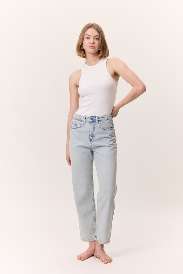 YÜKSEK BEL MOM FIT JEAN BUZ MAVİ