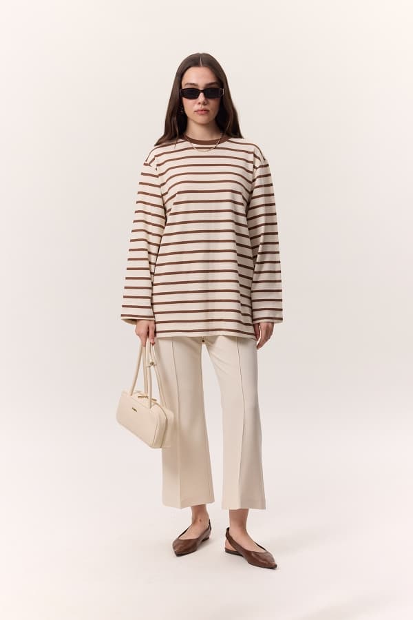 ÇİZGİLİ UZUN KOLLU OVERSIZE TSHIRT KAHVERENGİ