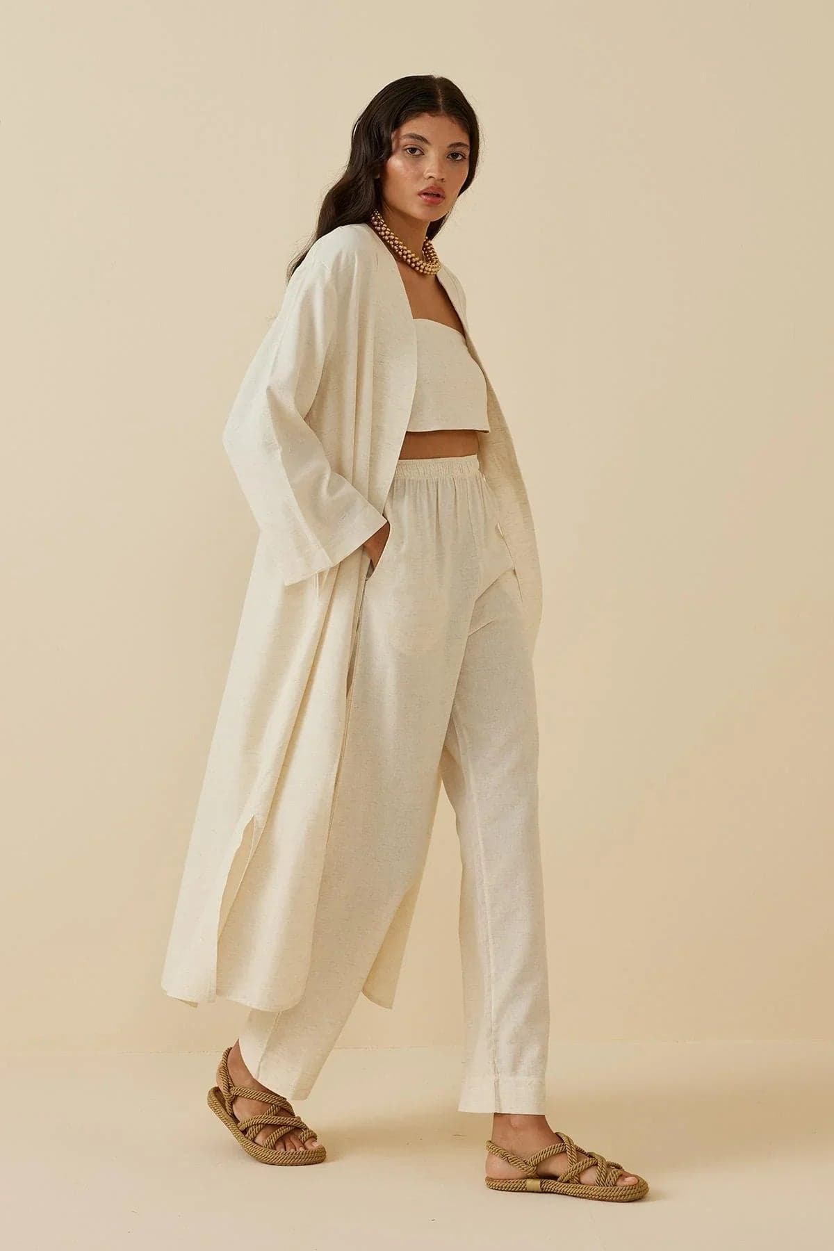 Yırtmaçlı Keten Kimono Bej