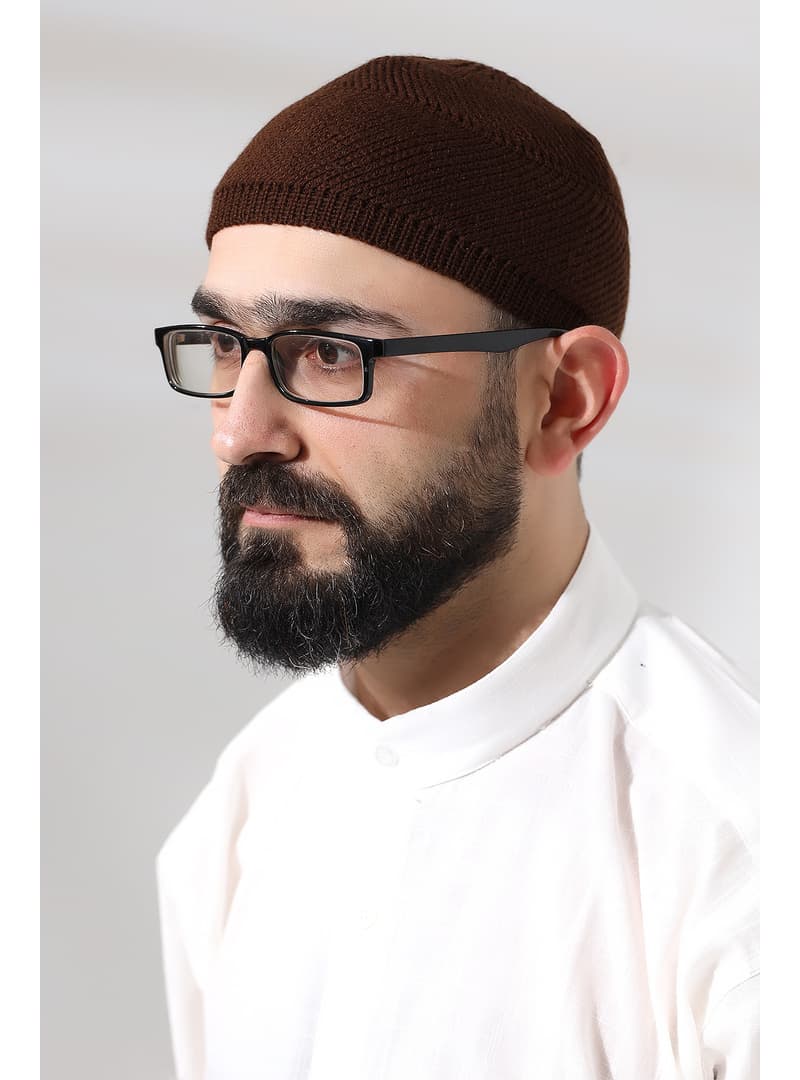 Örme Namaz Takkesi Dantel Detaylı Kahverengi