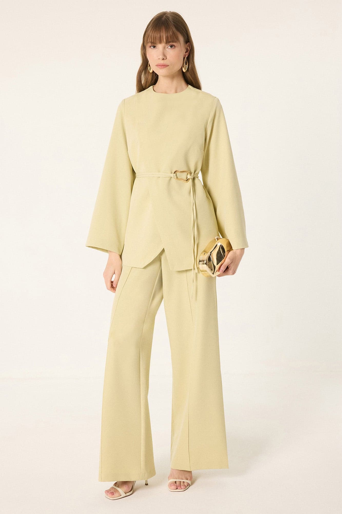 ASYMMETRIC BELT DETAIL JACKET & PANTS SET