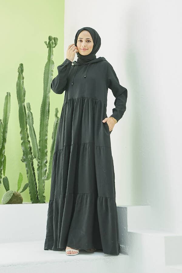 6531-Modal  Kapşonlu Reglan Kollu Elbise Siyah