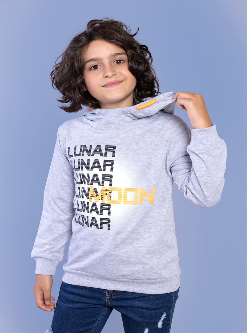 Erkek Çocuk Kapüşonlu Baskılı Sweatshirt Gri