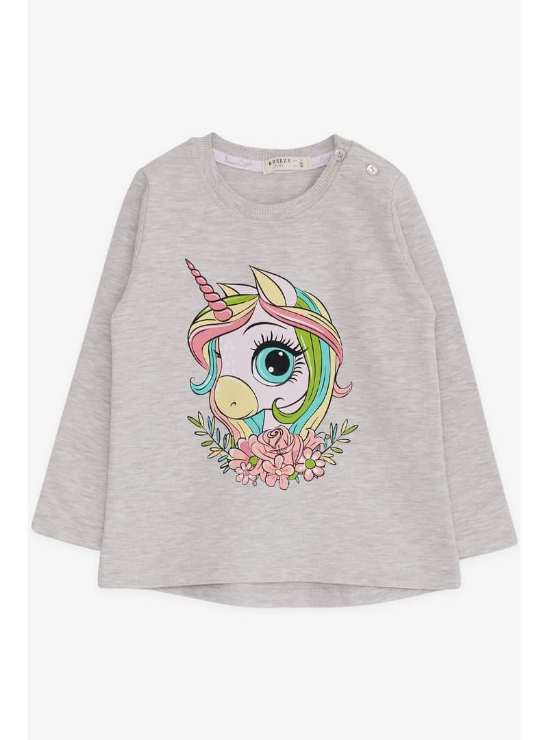 Kız Çocuk Unicorn Baskılı Uzun Kollu Tişört Bej