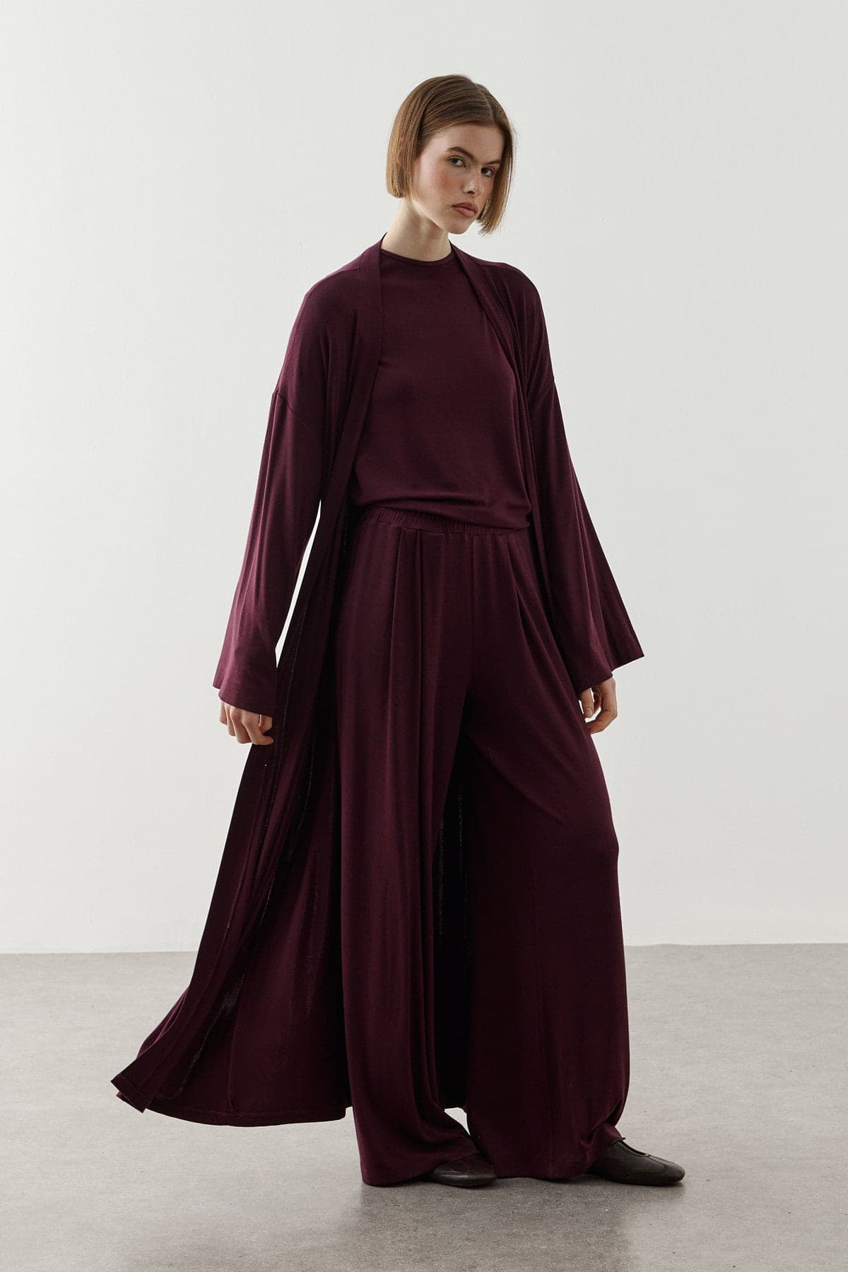 Dökümlü Rahat Kimono Mürdüm