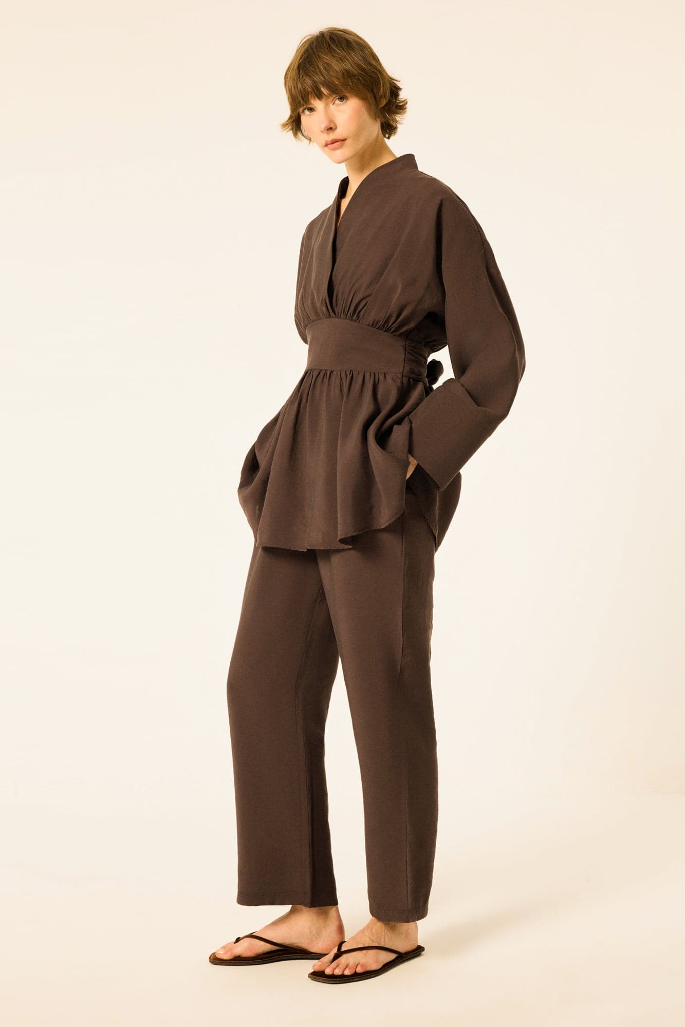 PEPLUM TUNIC AND ELASTIC-WAIST TROUSERS SET