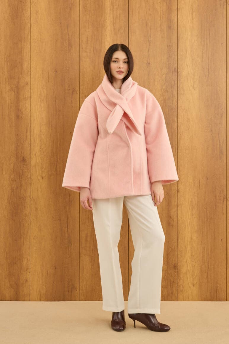 Fularlı Oturtmalı Midi Fox Kaban Soft Pembe