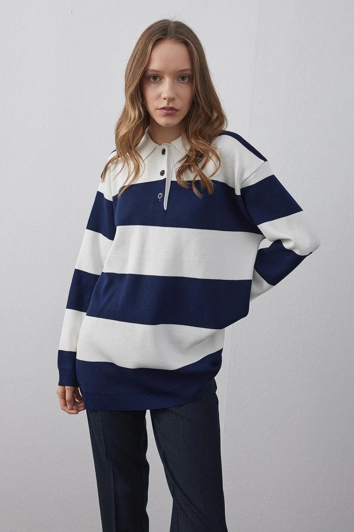 Polo Yaka Çizgili Triko Sweatshirt Lacivert