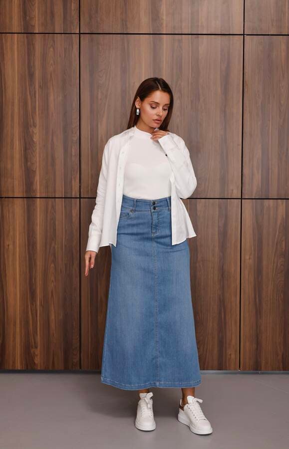 2254-Denim Ara Boy Klasik Etek Mavi