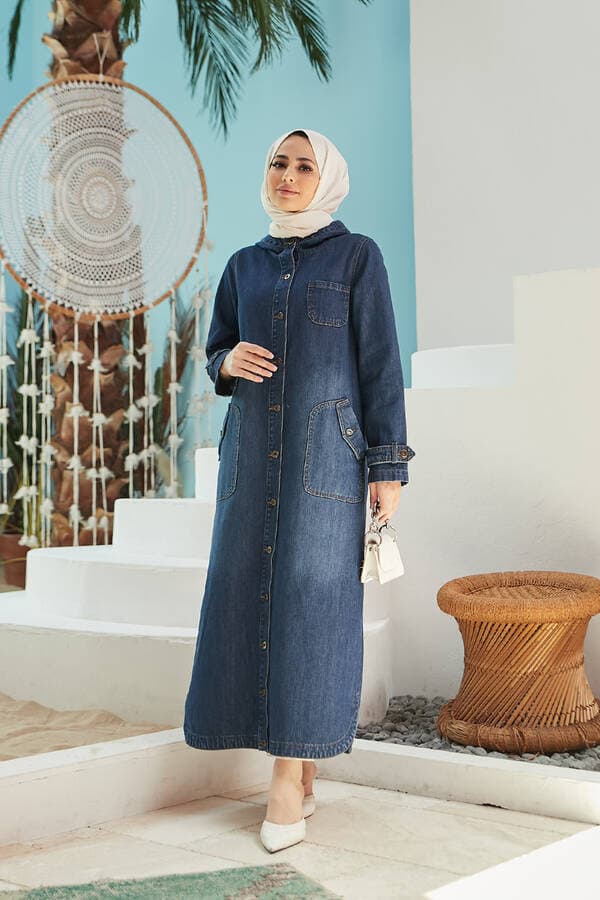 6329-Battal Denim Kapşonlu  kap Koyu Mavi