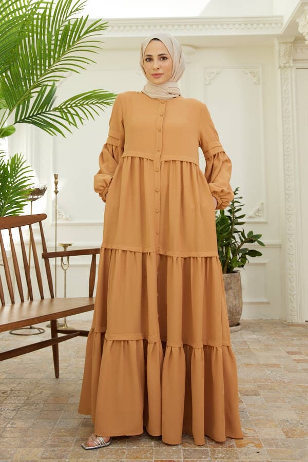 6549-Berlin  Düğmeli Büzgülü Ferace Camel