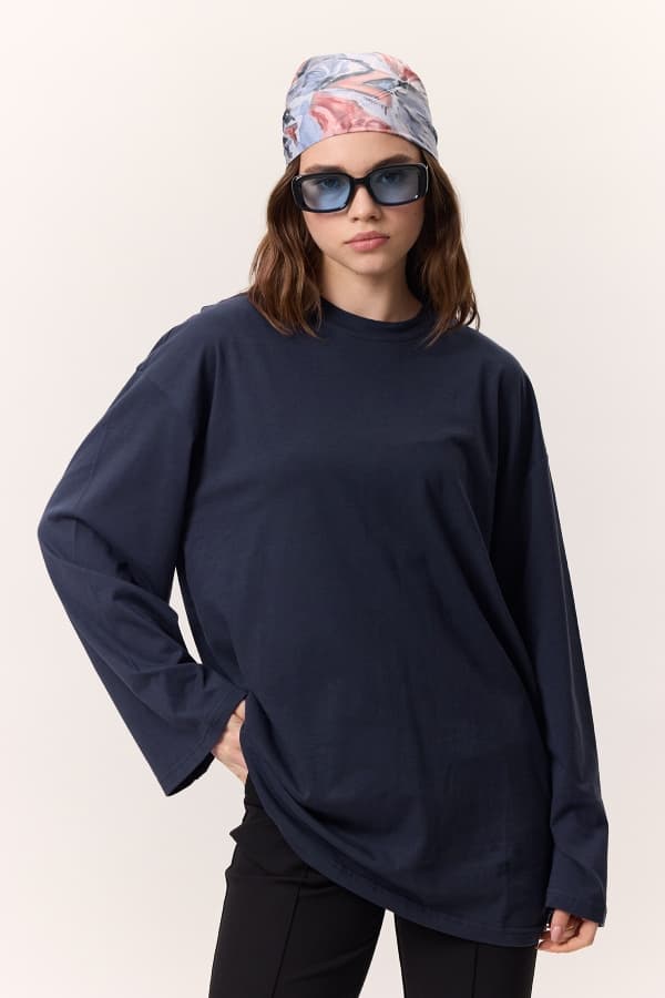 GENİŞ KOL OVERSIZE TSHIRT LACİVERT